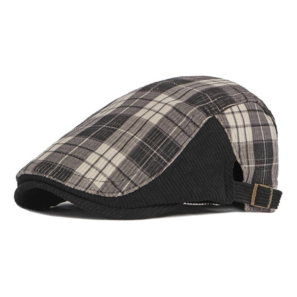 Plaid Print Patchwork Color Adjustable Buckle Beret Hat Flat Peaked Male Forward Cap Image 2