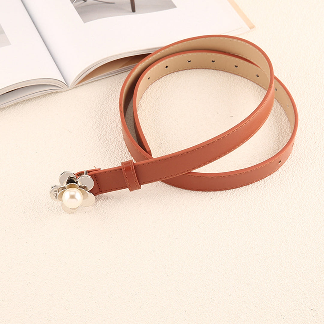 Adjustable Multi Holes Fitted Jeans Belt Faux Leather Metal Flower Fake Pearl Buckle Women Thin Belt Clothes Ornament Image 4