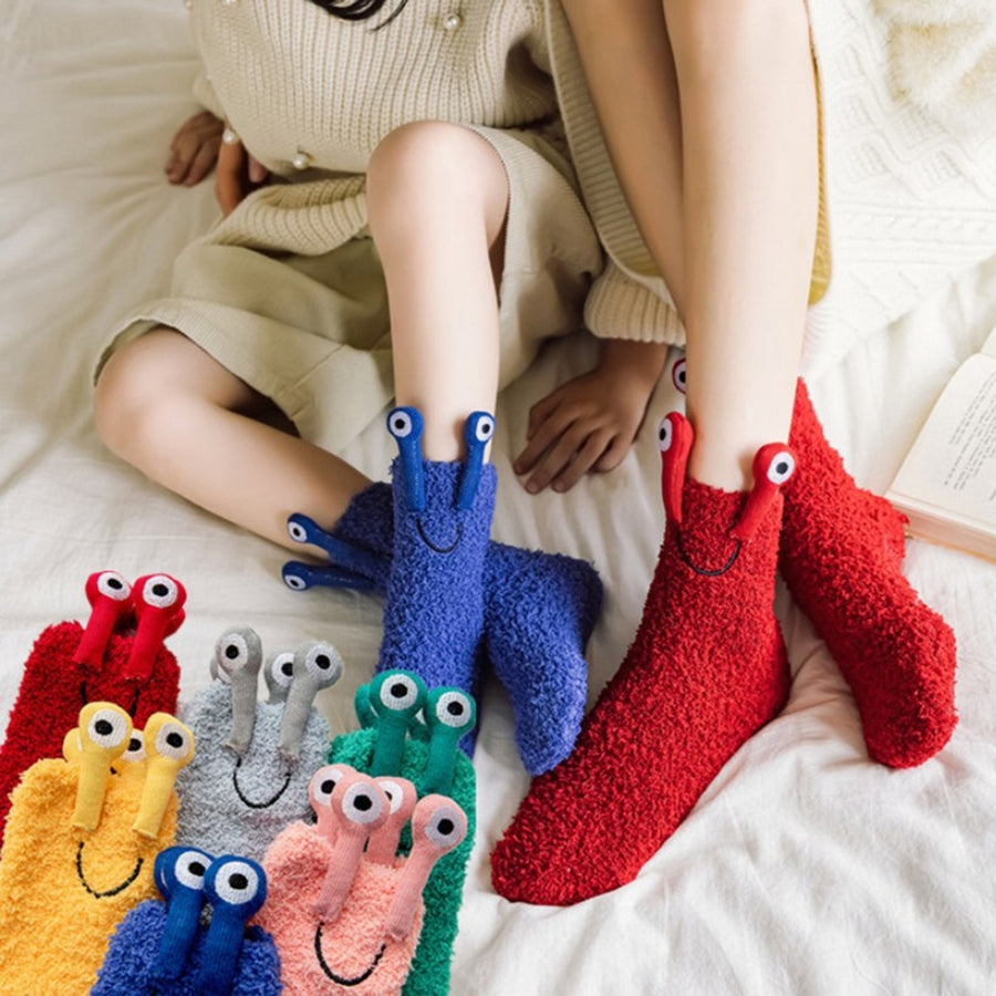 1 Pair Autumn Winter Women Floor Socks 3D Cartoon Frog Eyes Fluffy Plush Japanese Style Silicone Anti Skid Socks for Image 1