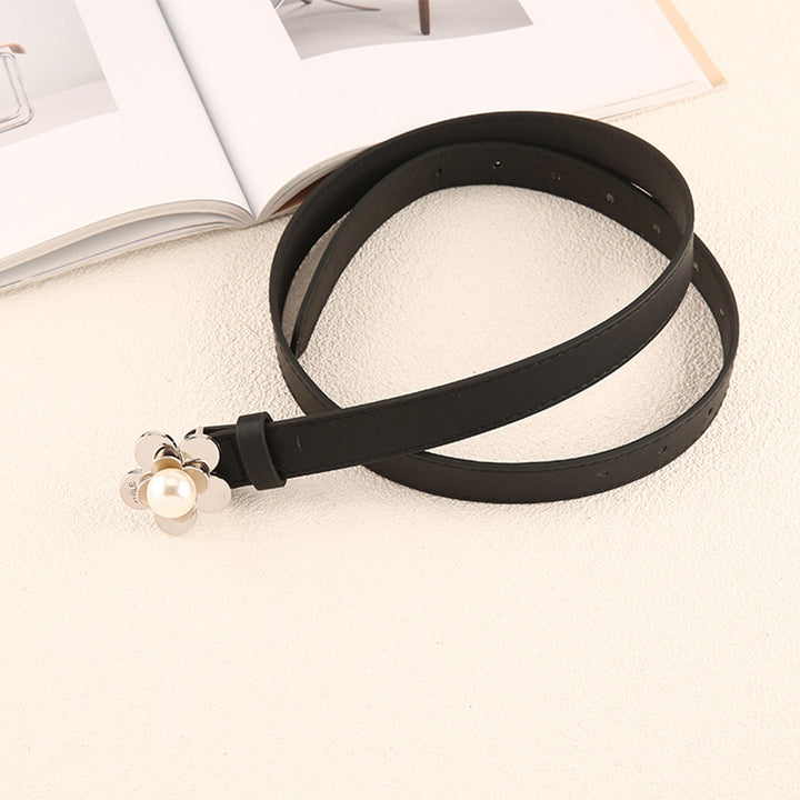Adjustable Multi Holes Fitted Jeans Belt Faux Leather Metal Flower Fake Pearl Buckle Women Thin Belt Clothes Ornament Image 7