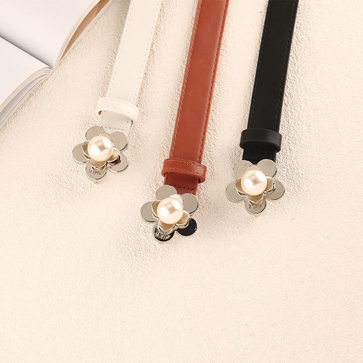 Adjustable Multi Holes Fitted Jeans Belt Faux Leather Metal Flower Fake Pearl Buckle Women Thin Belt Clothes Ornament Image 10