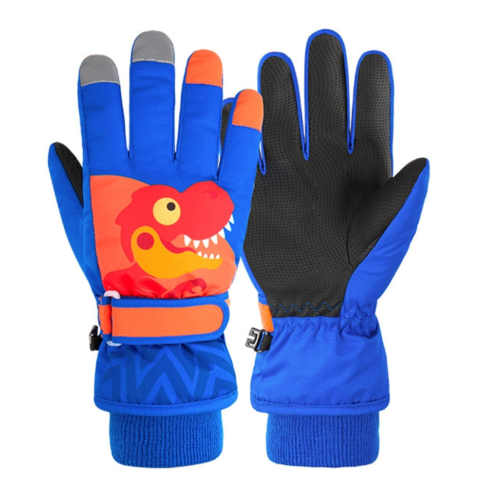 1 Pair Thickened Waterproof Full Finger Fleece Lining Winter Gloves Unisex Kids Cartoon Little Dinosaur Print Ski Gloves Image 2