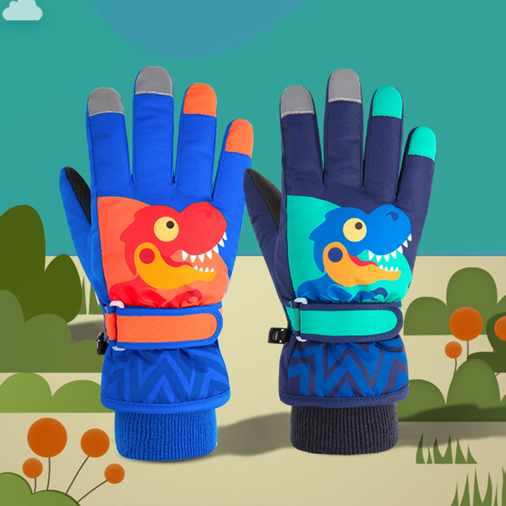 1 Pair Thickened Waterproof Full Finger Fleece Lining Winter Gloves Unisex Kids Cartoon Little Dinosaur Print Ski Gloves Image 3