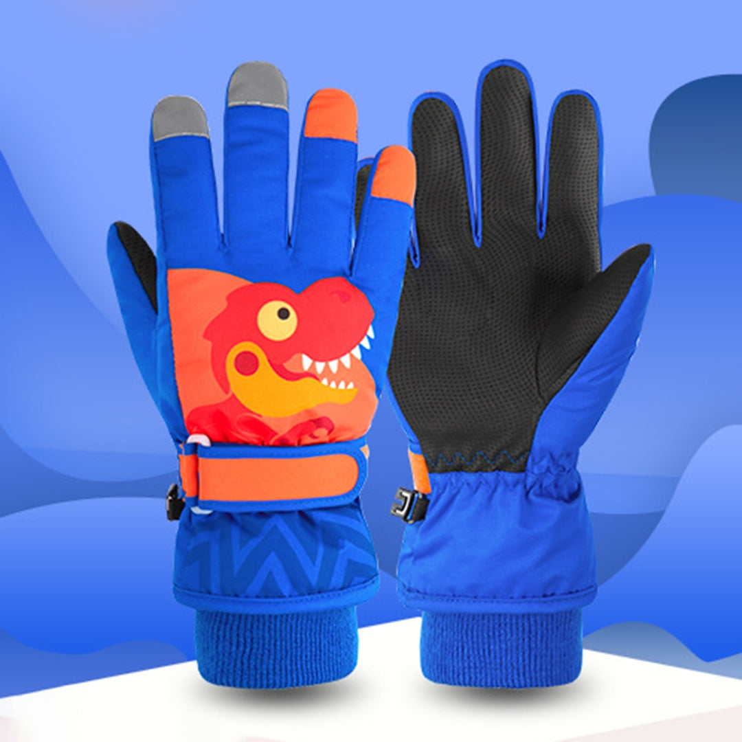 1 Pair Thickened Waterproof Full Finger Fleece Lining Winter Gloves Unisex Kids Cartoon Little Dinosaur Print Ski Gloves Image 4