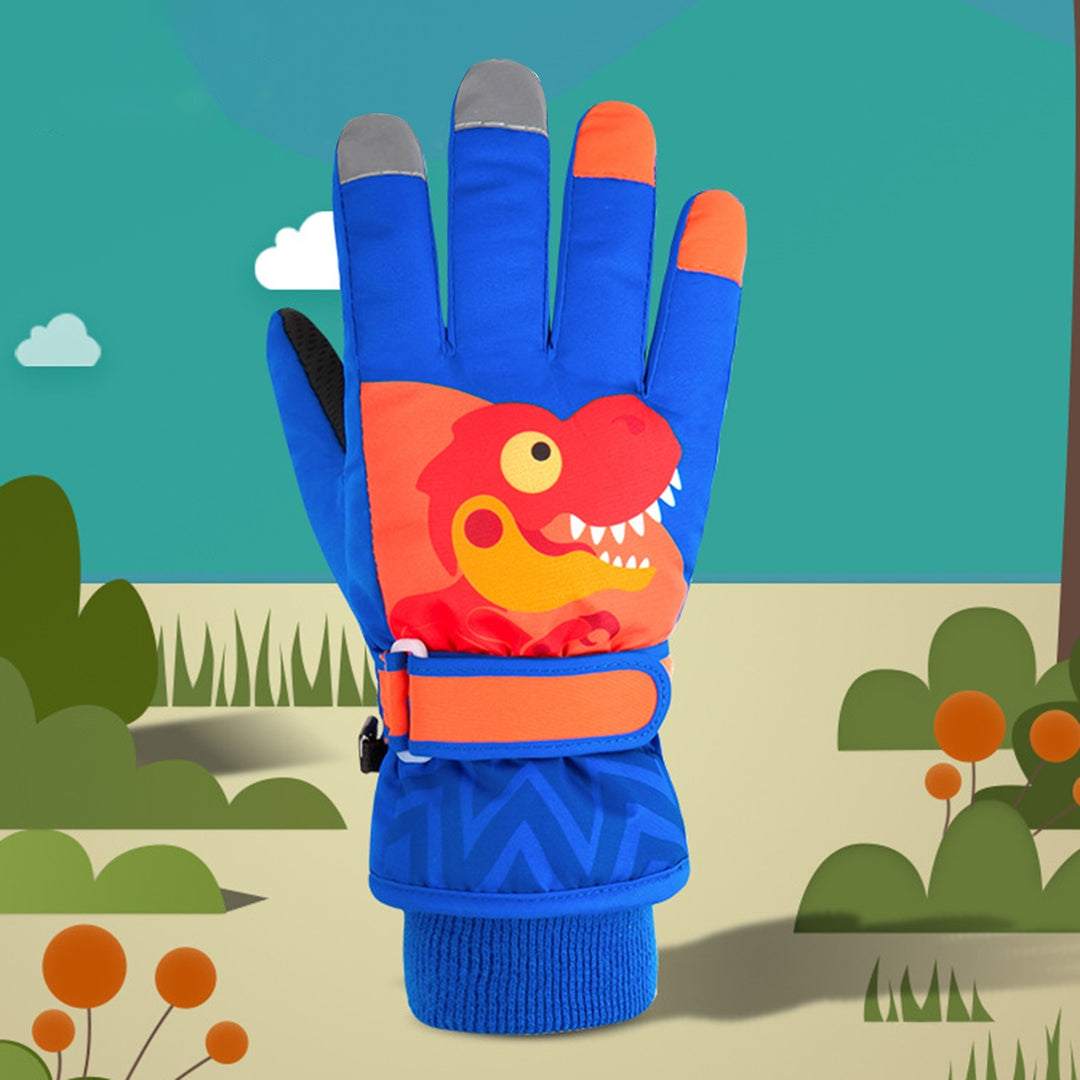 1 Pair Thickened Waterproof Full Finger Fleece Lining Winter Gloves Unisex Kids Cartoon Little Dinosaur Print Ski Gloves Image 6