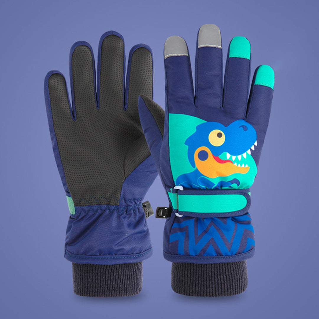 1 Pair Thickened Waterproof Full Finger Fleece Lining Winter Gloves Unisex Kids Cartoon Little Dinosaur Print Ski Gloves Image 7