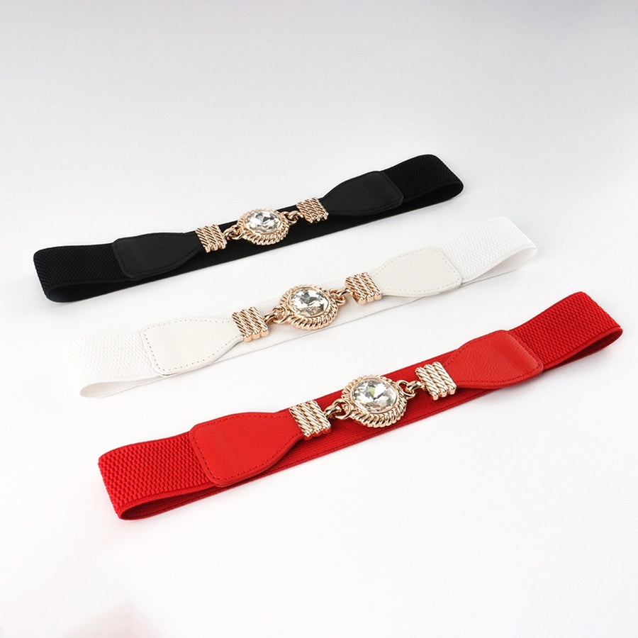Buckle-Free Wide Faux Leather Dress Belt Women Rhinestone Decor Stretchy Jeans Belt Clothes Image 1