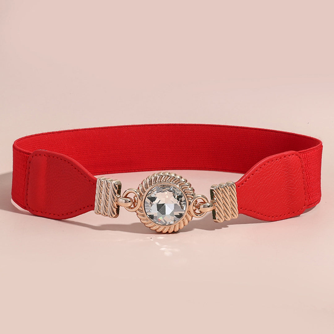 Buckle-Free Wide Faux Leather Dress Belt Women Rhinestone Decor Stretchy Jeans Belt Clothes Image 4