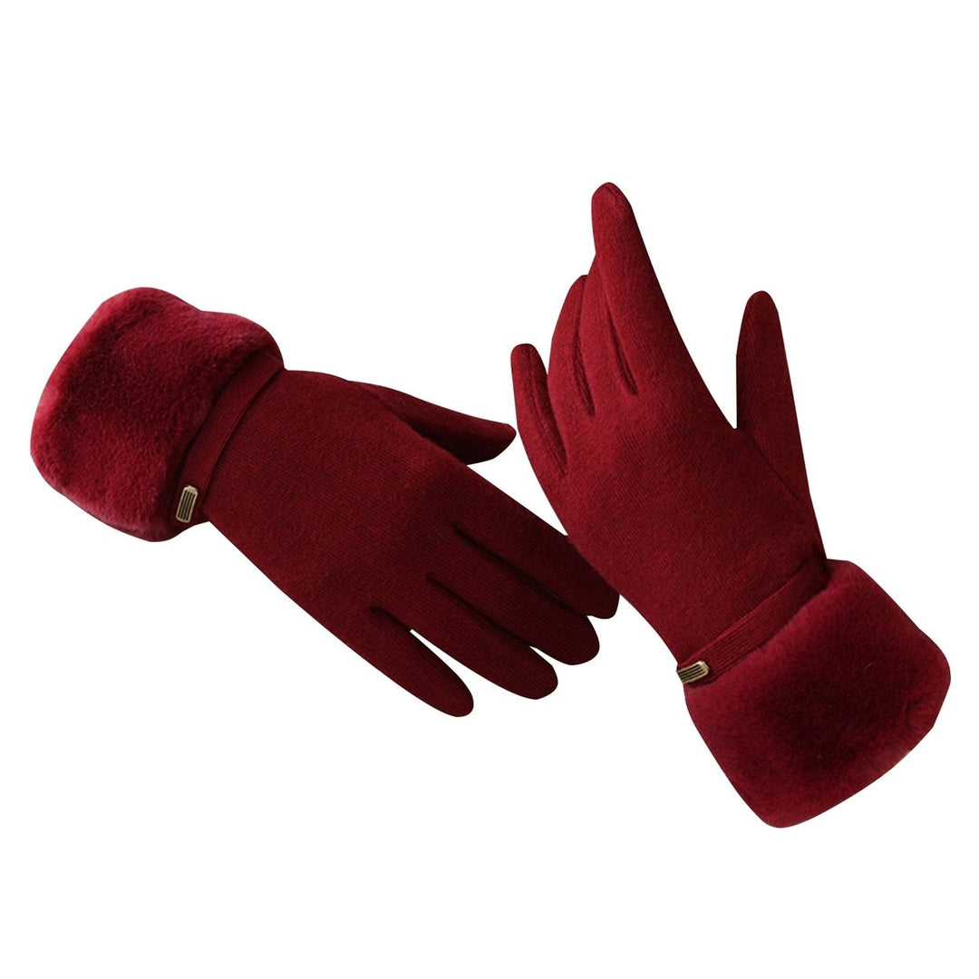 1 Pair Women Gloves Touch Screen Full Finger Solid Color Thickened Imitation Cashmere Windproof Furry Cuff Gloves for Image 1
