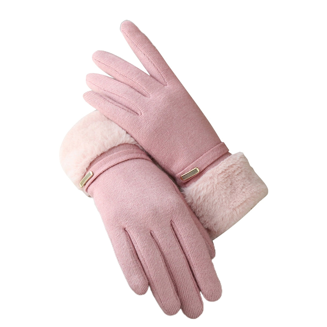 1 Pair Women Gloves Touch Screen Full Finger Solid Color Thickened Imitation Cashmere Windproof Furry Cuff Gloves for Image 6