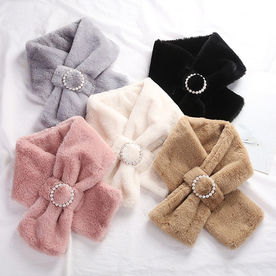 Women Scarf Cross Double Sided Faux Pearls Button Furry Imitation Rabbit faux Thicken Neck Protection Thermal Scarf for Image 1