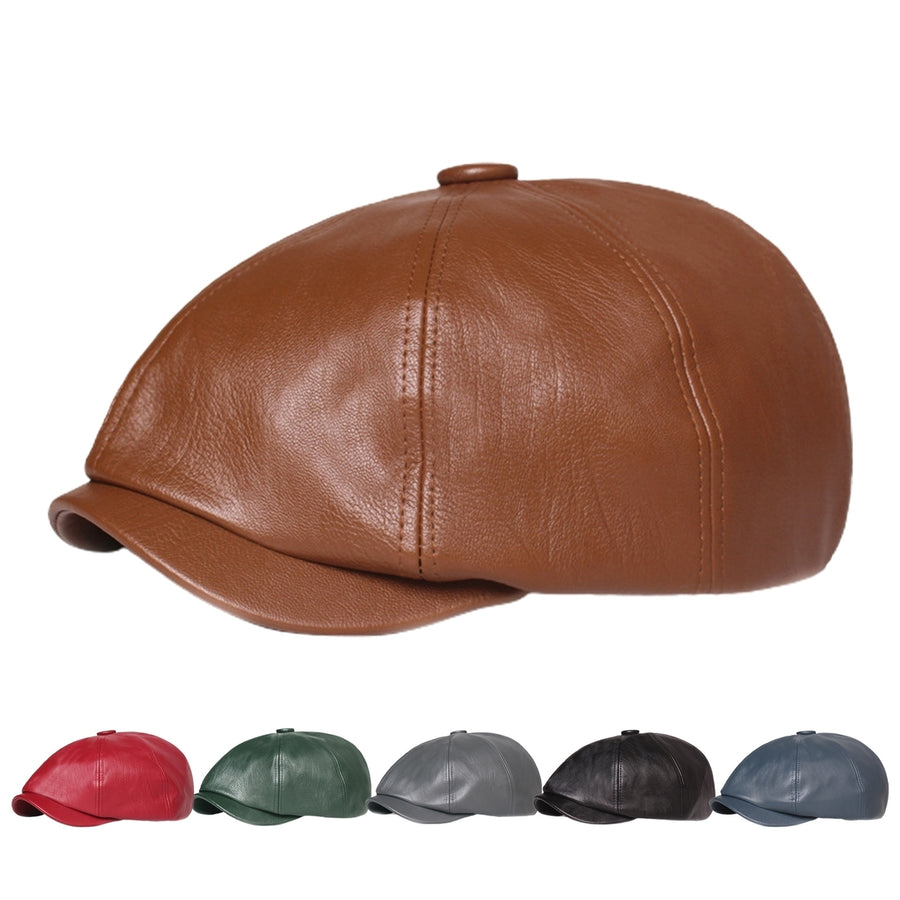 Wide Brim Round Dome Windproof Beret Hat Male Retro Octagonal Painter Faux Leather Hat Fashion Accessories Image 1