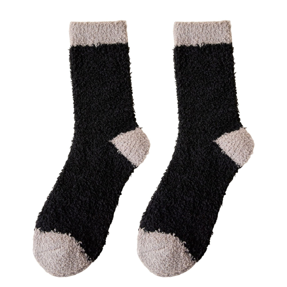 1 Pair Winter Socks Elastic Contrast Color Cozy Coral Fleece Soft Keep Warm Thicken Sweat Absorption Winter Floor Socks Image 2