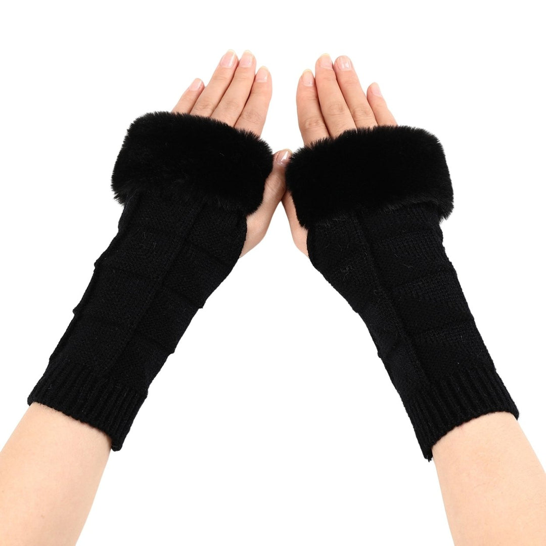 1 Pair Women Gloves Triangle Pattern Half Finger Arm Cover Gloves Autumn Winter Stretchy Knitting Fingerless Gloves for Image 1