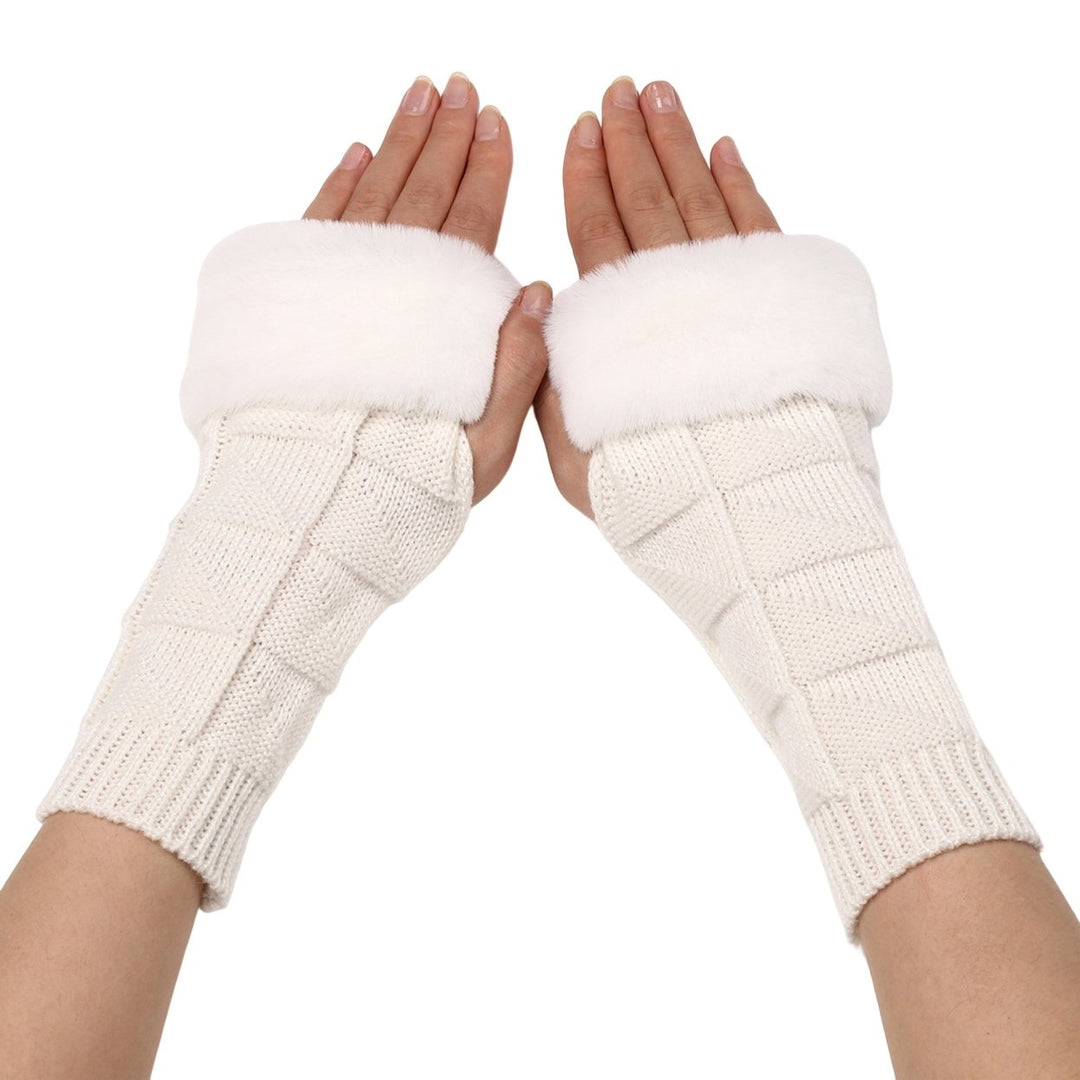 1 Pair Women Gloves Triangle Pattern Half Finger Arm Cover Gloves Autumn Winter Stretchy Knitting Fingerless Gloves for Image 1
