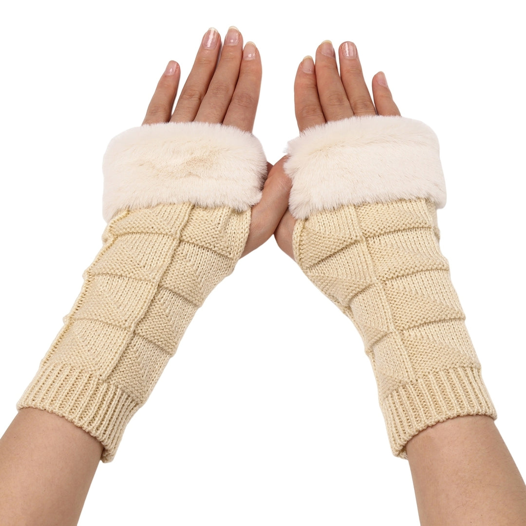 1 Pair Women Gloves Triangle Pattern Half Finger Arm Cover Gloves Autumn Winter Stretchy Knitting Fingerless Gloves for Image 4