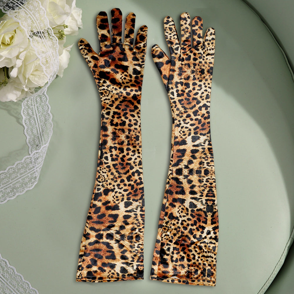 1 Pair Women Long Gloves Leopard Print Full Finger Velvet Coldproof Extended Length Elbow Gloves for Makeup Party Image 2
