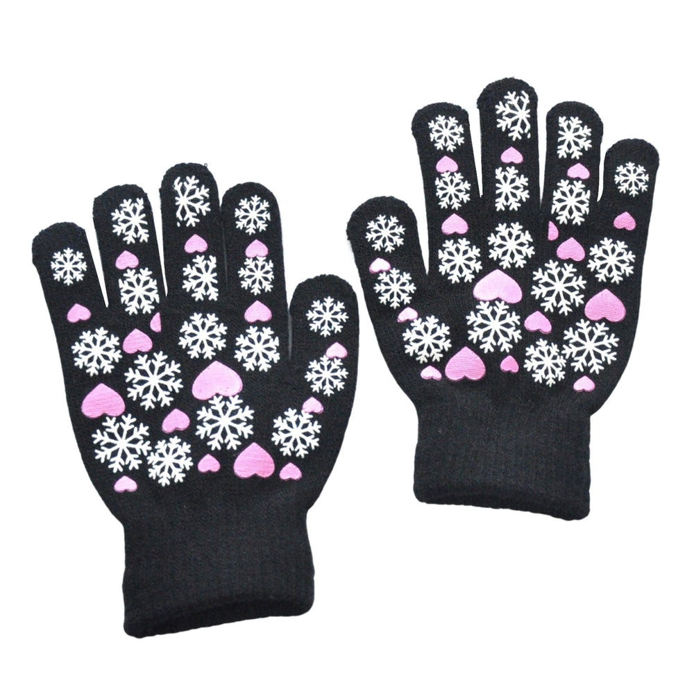 1 Pair Children Winter Gloves Heart Print Elastic Knitted Casual Full Fingers Keep Warm Thick Cozy Snowflake Student Image 2