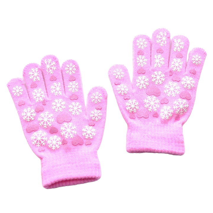 1 Pair Children Winter Gloves Heart Print Elastic Knitted Casual Full Fingers Keep Warm Thick Cozy Snowflake Student Image 4