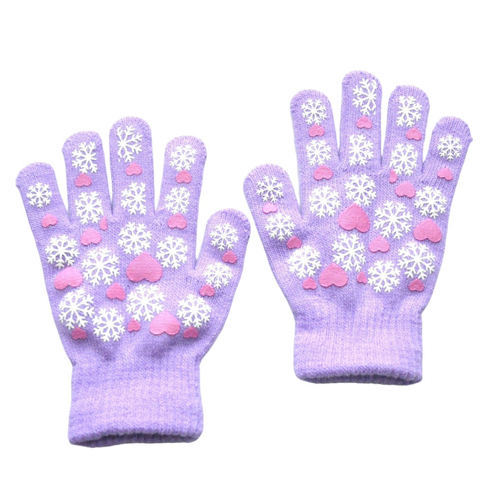 1 Pair Children Winter Gloves Heart Print Elastic Knitted Casual Full Fingers Keep Warm Thick Cozy Snowflake Student Image 4