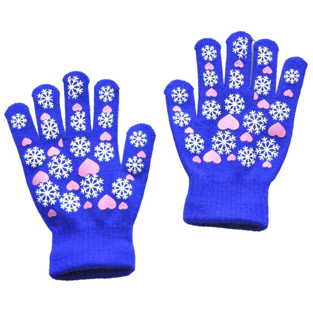 1 Pair Children Winter Gloves Heart Print Elastic Knitted Casual Full Fingers Keep Warm Thick Cozy Snowflake Student Image 1