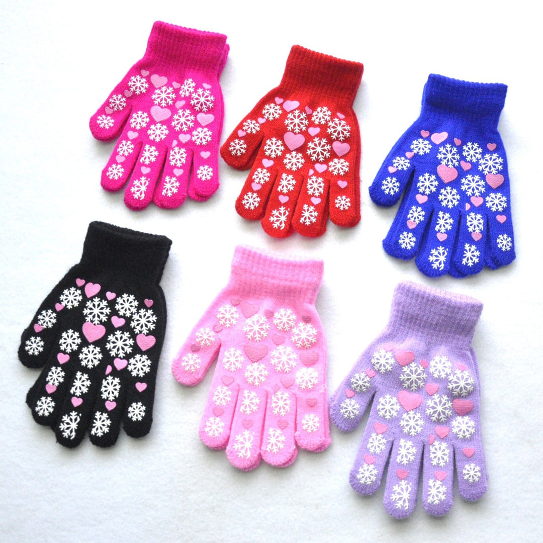 1 Pair Children Winter Gloves Heart Print Elastic Knitted Casual Full Fingers Keep Warm Thick Cozy Snowflake Student Image 8
