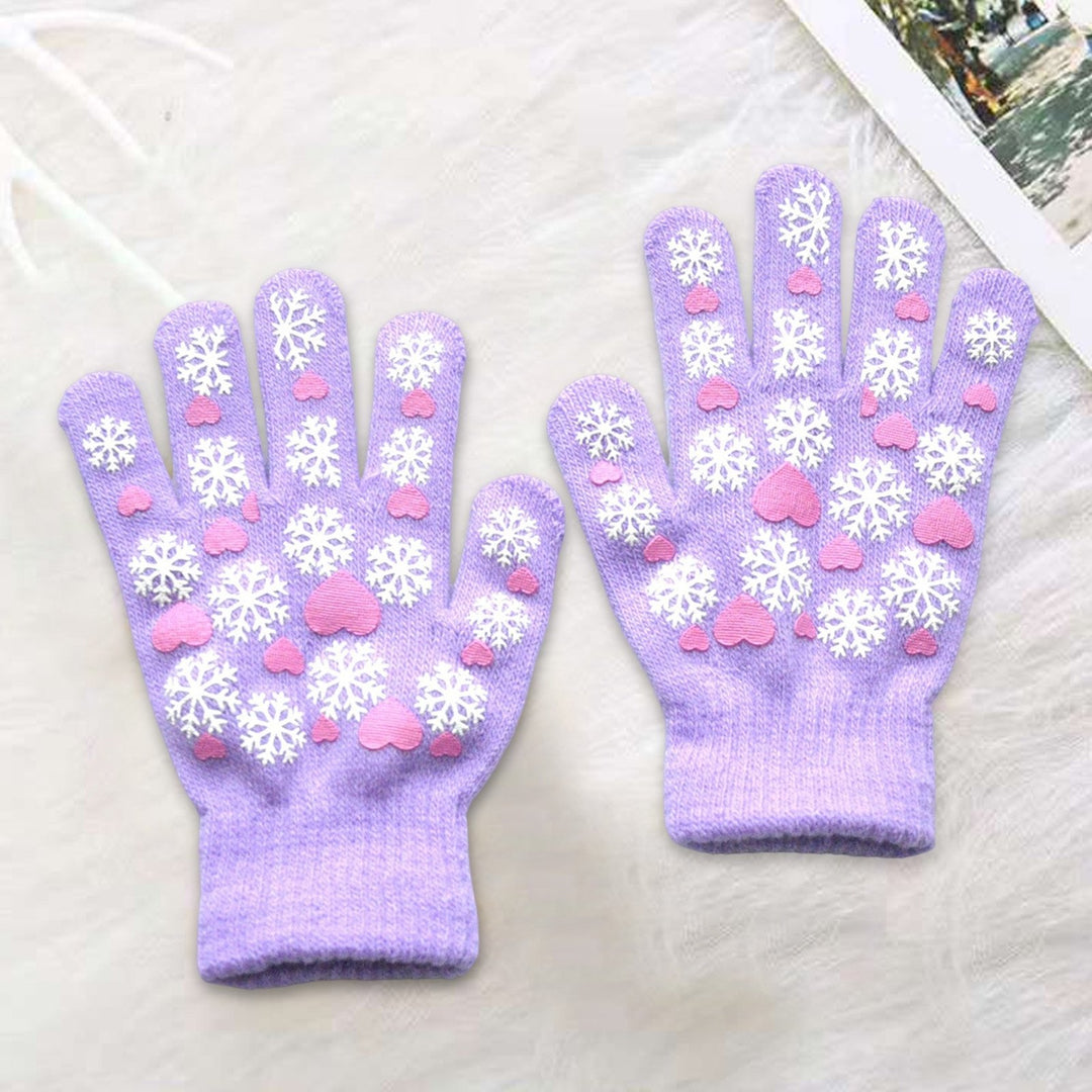 1 Pair Children Winter Gloves Heart Print Elastic Knitted Casual Full Fingers Keep Warm Thick Cozy Snowflake Student Image 9