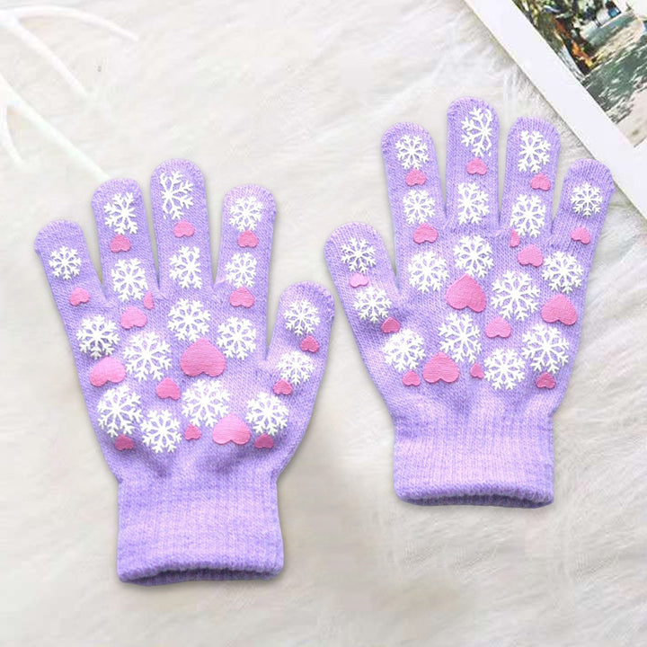1 Pair Children Winter Gloves Heart Print Elastic Knitted Casual Full Fingers Keep Warm Thick Cozy Snowflake Student Image 9