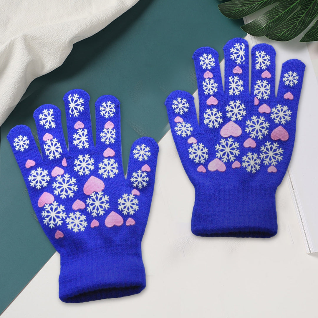1 Pair Children Winter Gloves Heart Print Elastic Knitted Casual Full Fingers Keep Warm Thick Cozy Snowflake Student Image 10
