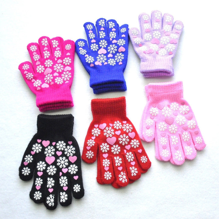 1 Pair Children Winter Gloves Heart Print Elastic Knitted Casual Full Fingers Keep Warm Thick Cozy Snowflake Student Image 12