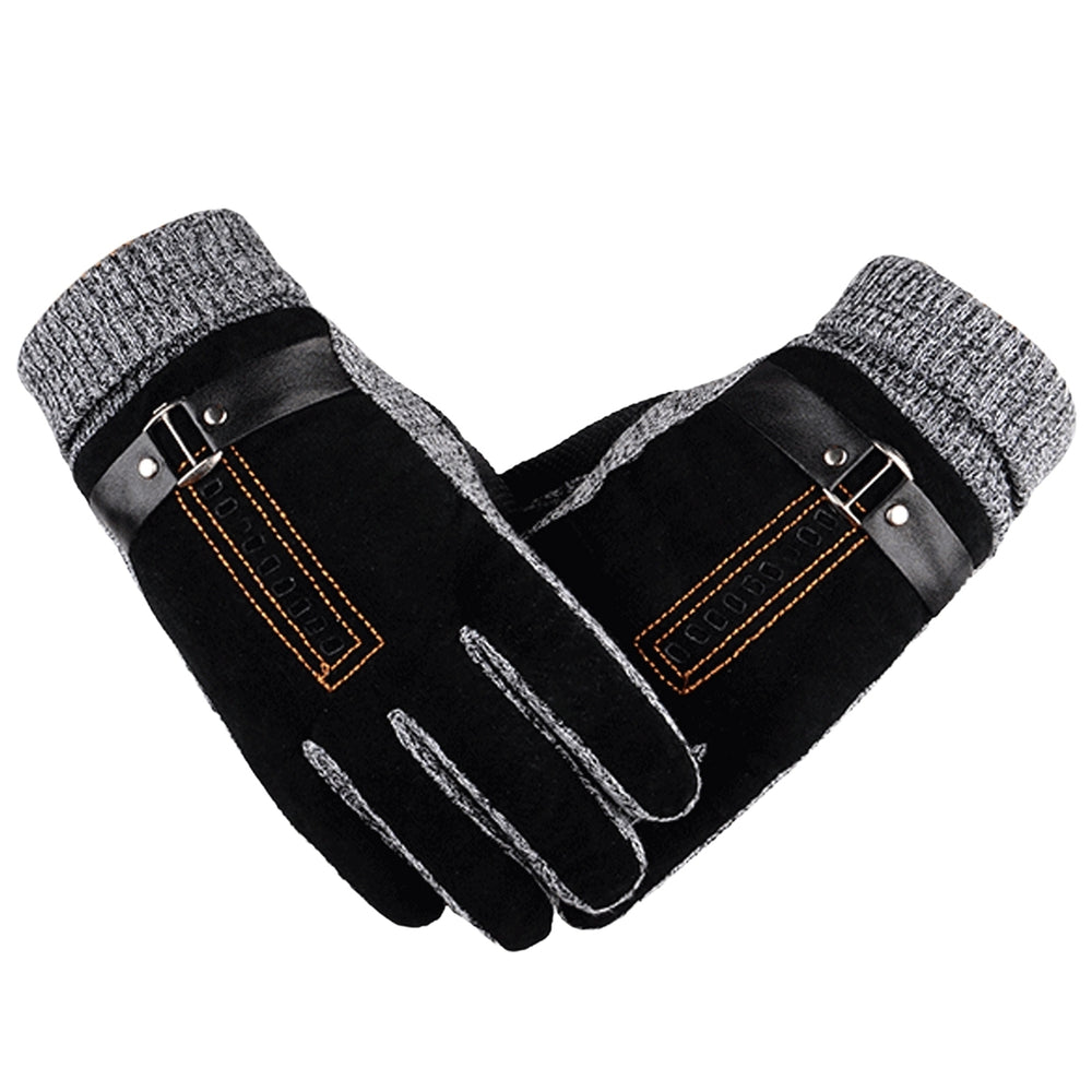 1 Pair Men Gloves Soft Fleece All Fingers Knitted Strap Decor Cold-proof Elastic Camping Climbing Men Winter Gloves for Image 2