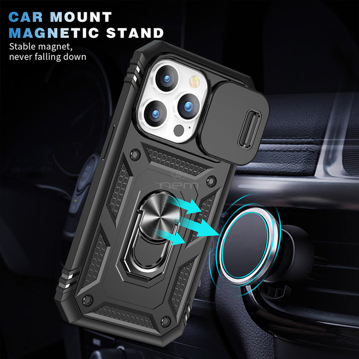 For Apple iPhone 15 Pro 6.1 Camera Slide Cover Ring Holder Kickstand Magnetic Mount Hybrid Armor Dual Protective Case Image 4