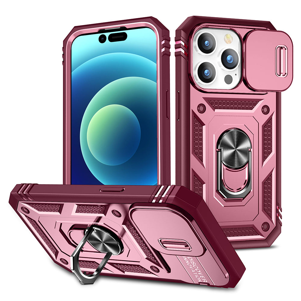 For Apple iPhone 15 Pro 6.1 Camera Slide Cover Ring Holder Kickstand Magnetic Mount Hybrid Armor Dual Protective Case Image 8