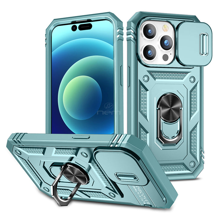 For Apple iPhone 15 Pro 6.1 Camera Slide Cover Ring Holder Kickstand Magnetic Mount Hybrid Armor Dual Protective Case Image 9