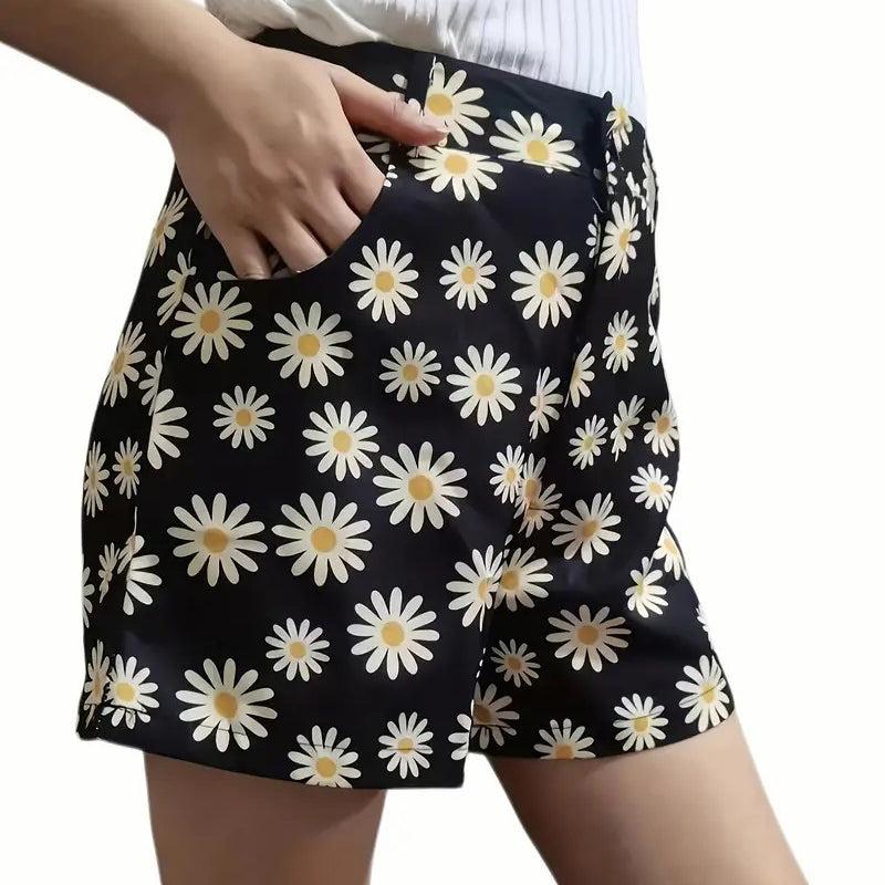 Daisy Print Versatile ShortsCasual High Waist ShortsWomens Clothing Image 1