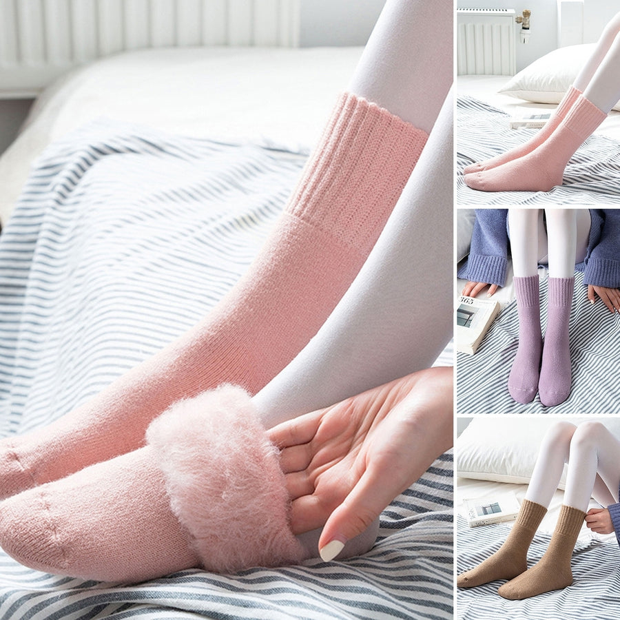 1 Pair Mid-Tube Ribbed Cuffs High Elasticity Women Socks Winter Solid Color Thickened Fleece Lining Snow Socks Image 1