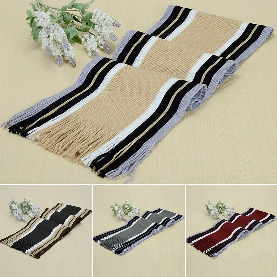Tassel Woolen Yarn Thick Men Scarf Winter Striped Contrast Color Warm Knitting Scarf Costume Accessories Image 1