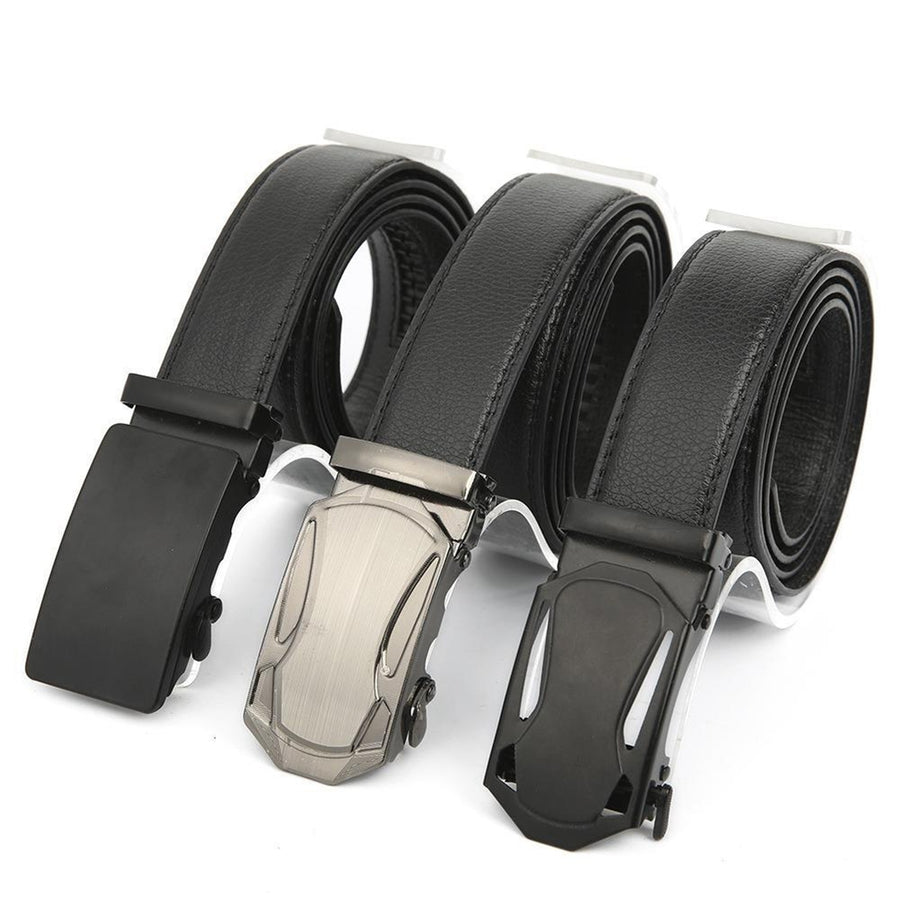 Men Belt Solid Color Automatic Buckle Anti Scratch Faux Leather Double Slot Design Glossy Business Belt Daily Wear Image 1