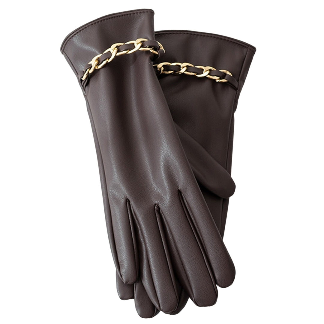 1 Pair Chain Decor Elastic Cuffs Faux Leather Women Gloves Winter Fleece Lining Touch Screen Full Finger Driving Gloves Image 4