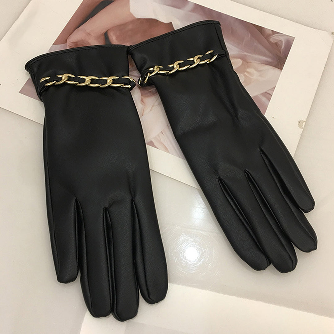 1 Pair Chain Decor Elastic Cuffs Faux Leather Women Gloves Winter Fleece Lining Touch Screen Full Finger Driving Gloves Image 6