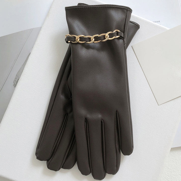 1 Pair Chain Decor Elastic Cuffs Faux Leather Women Gloves Winter Fleece Lining Touch Screen Full Finger Driving Gloves Image 7