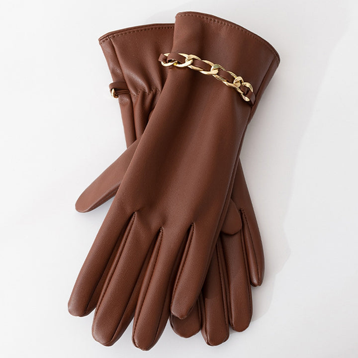 1 Pair Chain Decor Elastic Cuffs Faux Leather Women Gloves Winter Fleece Lining Touch Screen Full Finger Driving Gloves Image 8