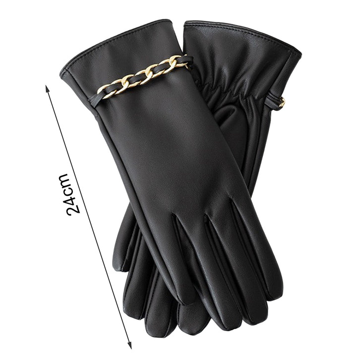 1 Pair Chain Decor Elastic Cuffs Faux Leather Women Gloves Winter Fleece Lining Touch Screen Full Finger Driving Gloves Image 9