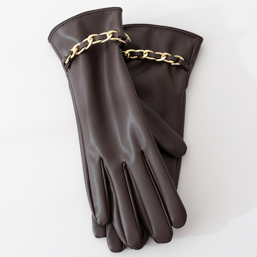 1 Pair Chain Decor Elastic Cuffs Faux Leather Women Gloves Winter Fleece Lining Touch Screen Full Finger Driving Gloves Image 11
