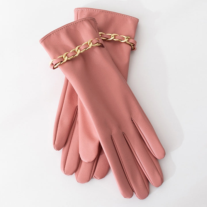 1 Pair Chain Decor Elastic Cuffs Faux Leather Women Gloves Winter Fleece Lining Touch Screen Full Finger Driving Gloves Image 12