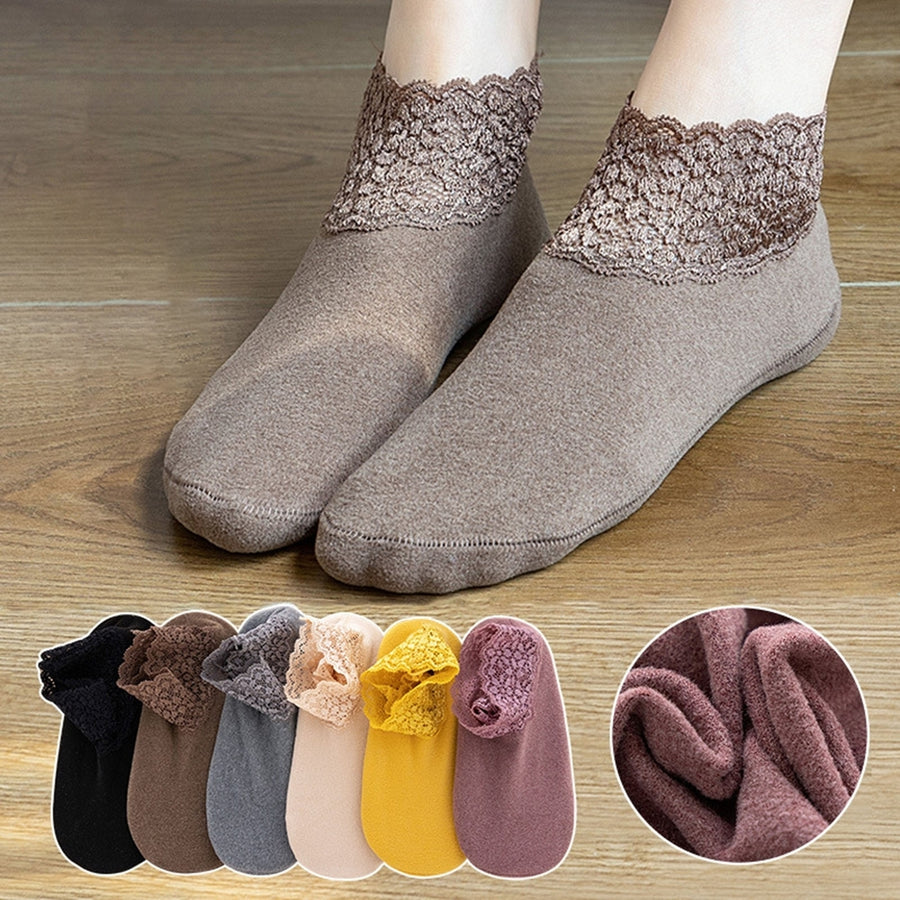 1 Pair Ankle Socks Super Soft Lace Trim Non-Slip Highly Elastic Friendly to Skin Keep Warm Solid Image 1