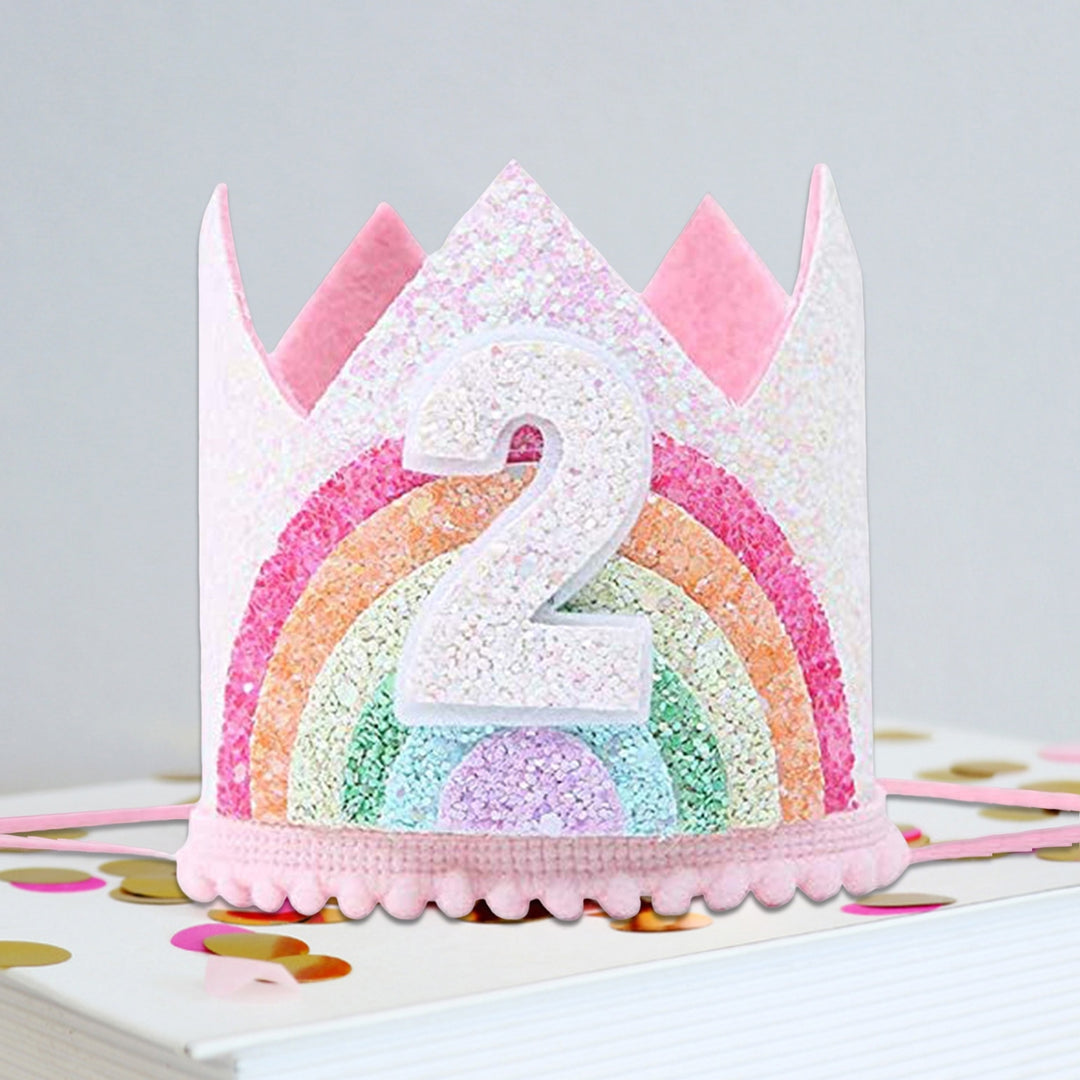 Shining Sequins Pink Series Elastic Band Number Hat Baby Felt Rainbow Theme Birthday Party Crown Hat Image 4