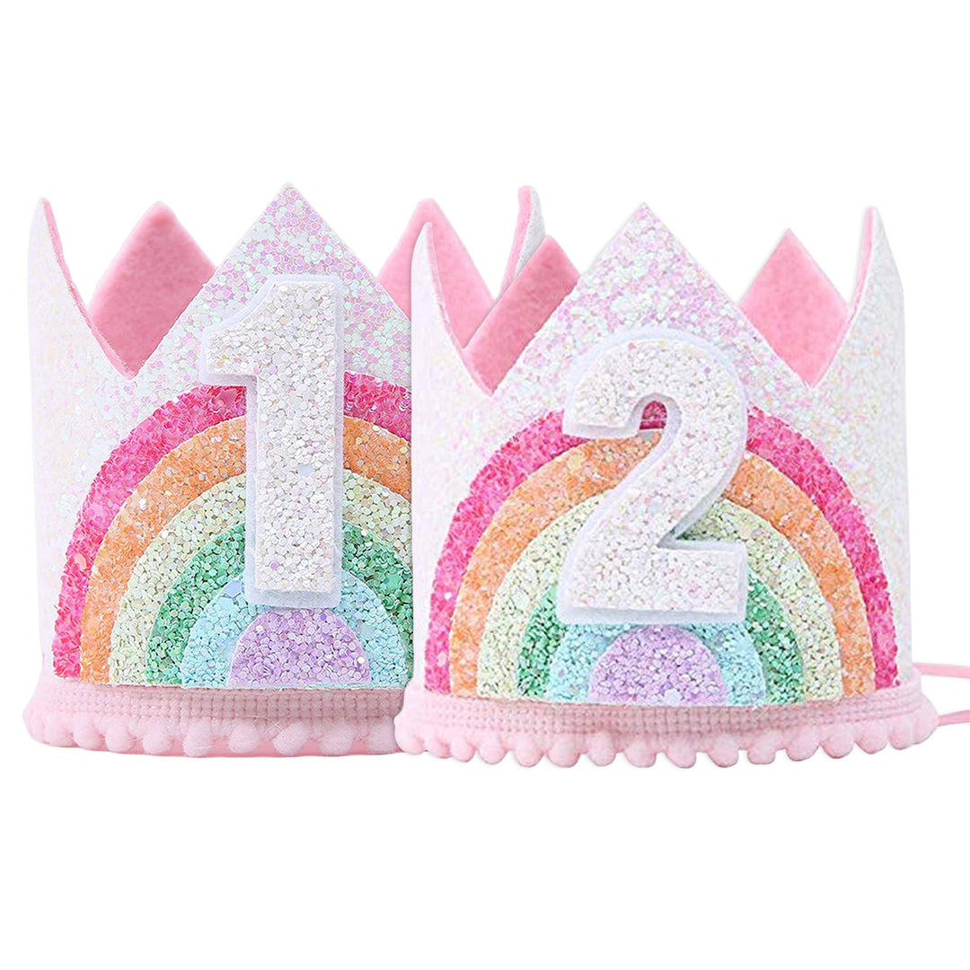 Shining Sequins Pink Series Elastic Band Number Hat Baby Felt Rainbow Theme Birthday Party Crown Hat Image 7
