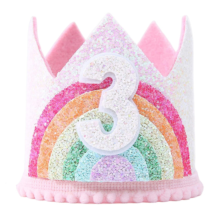 Shining Sequins Pink Series Elastic Band Number Hat Baby Felt Rainbow Theme Birthday Party Crown Hat Image 9