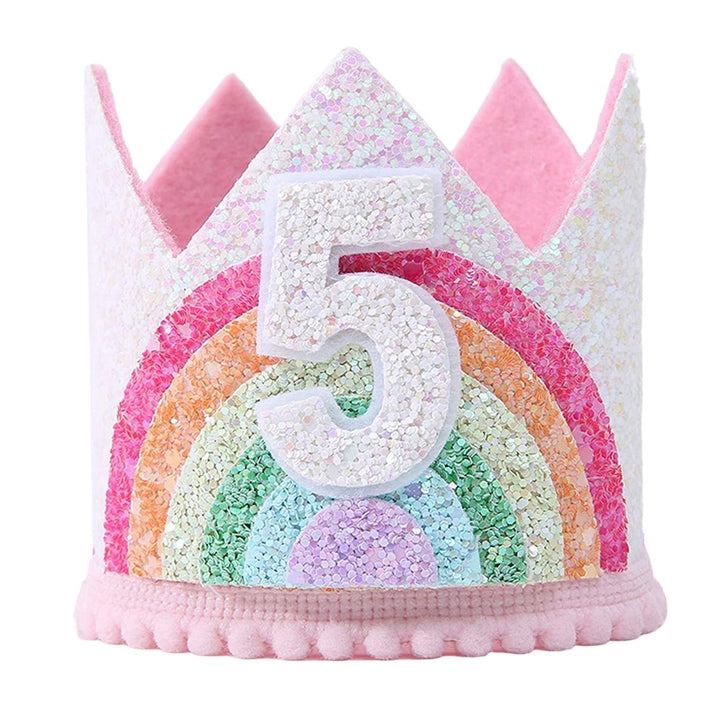 Shining Sequins Pink Series Elastic Band Number Hat Baby Felt Rainbow Theme Birthday Party Crown Hat Image 1